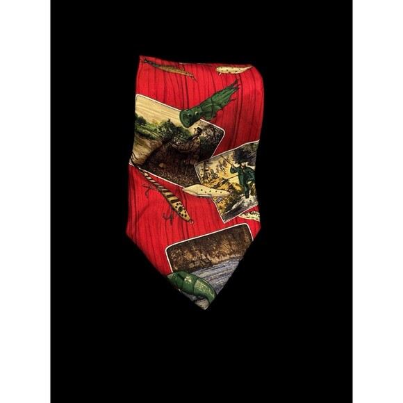 Eddie Bauer Silk Tie red Hand Printed In Italy Outdoor Fishing Fish Hook USA - Picture 1 of 9